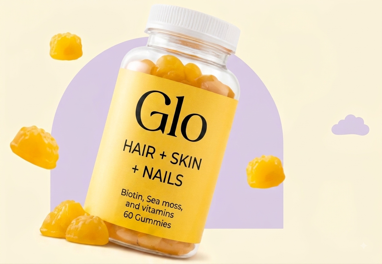Glo gummies bottle with floating gummies and delicious sticker